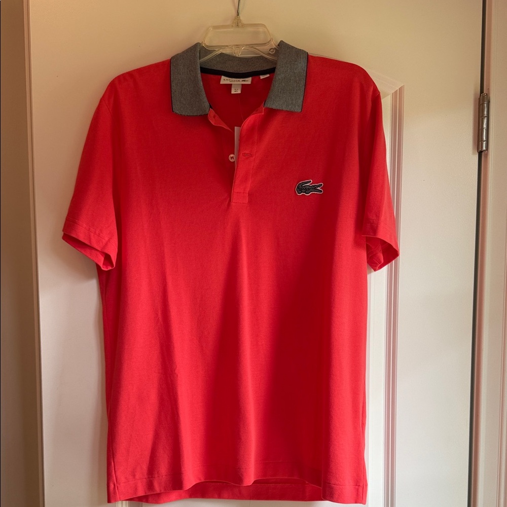 NWT Lacoste Men's Polo Shirt in Coral with Gray Collar